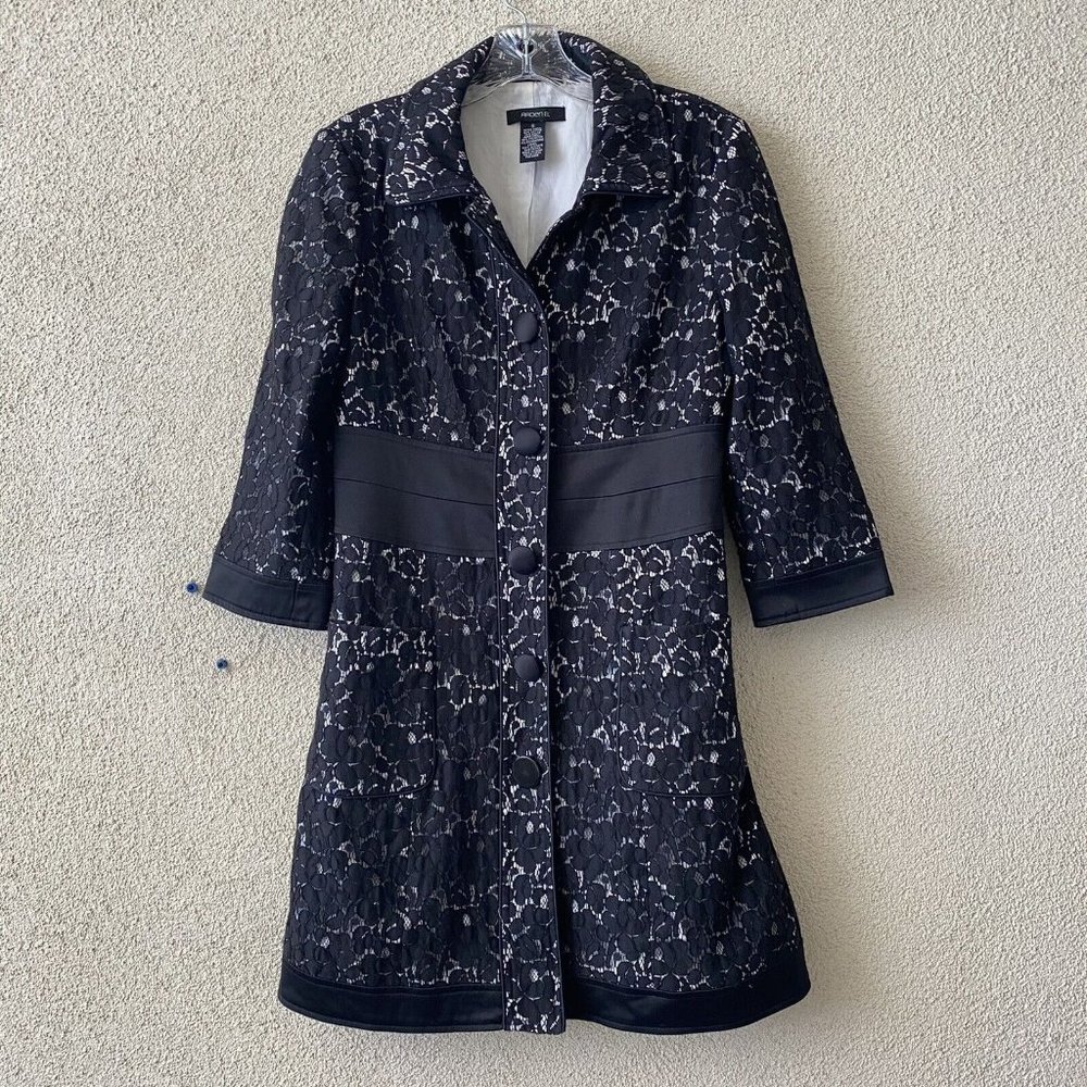 Arden B. Womens Black Floral Long Sleeve Lace Long Jacket Collared Size Small
